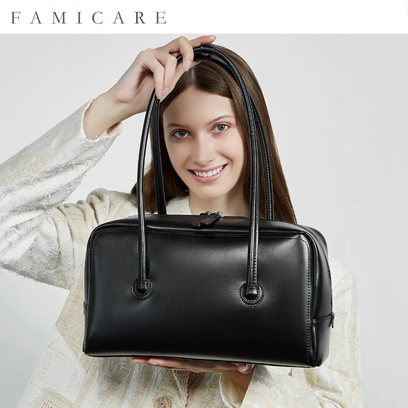 

New Women's Split Leather Boston Bag Girls Hand-Held Single Shoulder Pillow Bowling Bags Ladies Solid Color Square Style Handbag