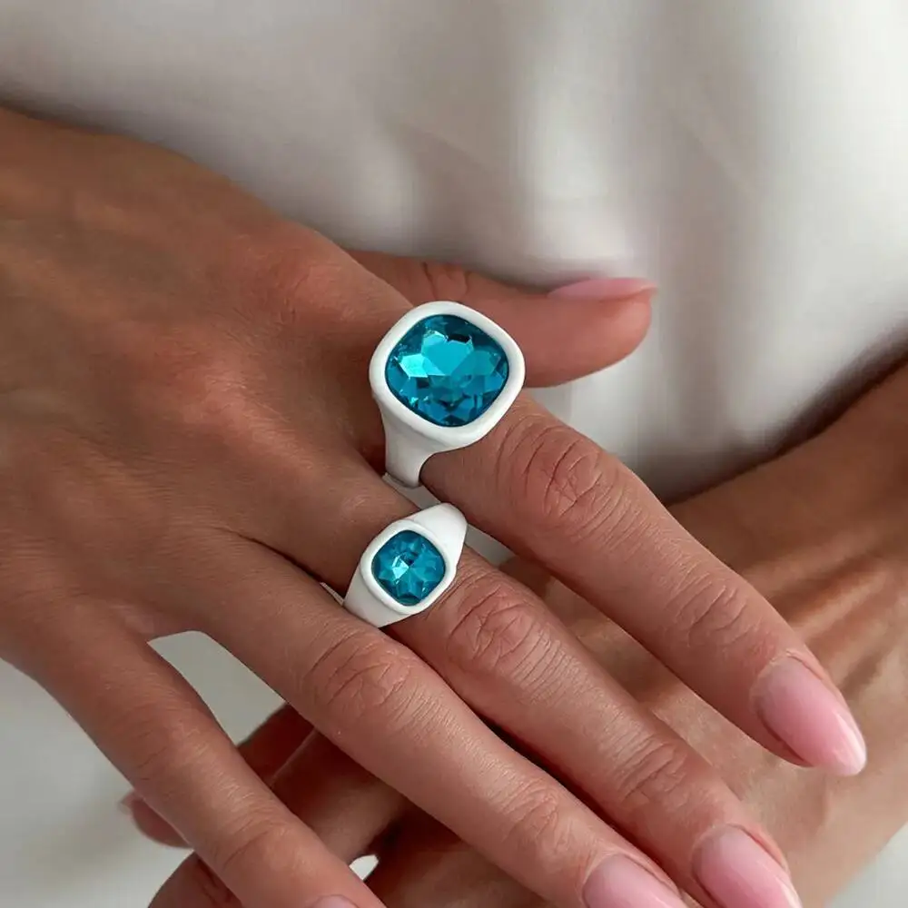 KunJoe 2 Pcs/set Exquisite Blue Glass Drill Open Ring Women Trendy Square Colorful Rings Geometric Adjustable Knuckle Jewelry