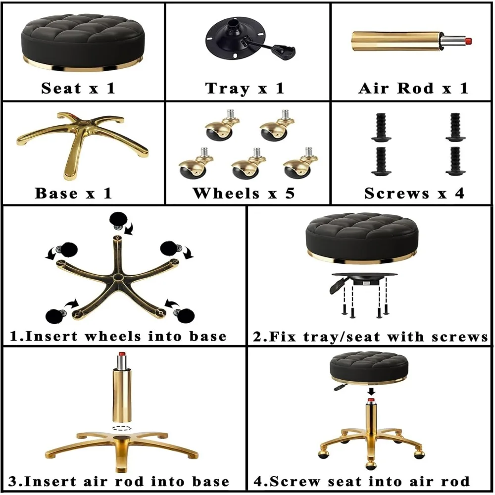 مقعد دوار، كرسي دوار مستدير من جلد البولي يوريثان، مقعد دوار لصالونات التجميل، قاعدة ذهبية من التيتانيوم، قابل للتعديل 43-55 سم