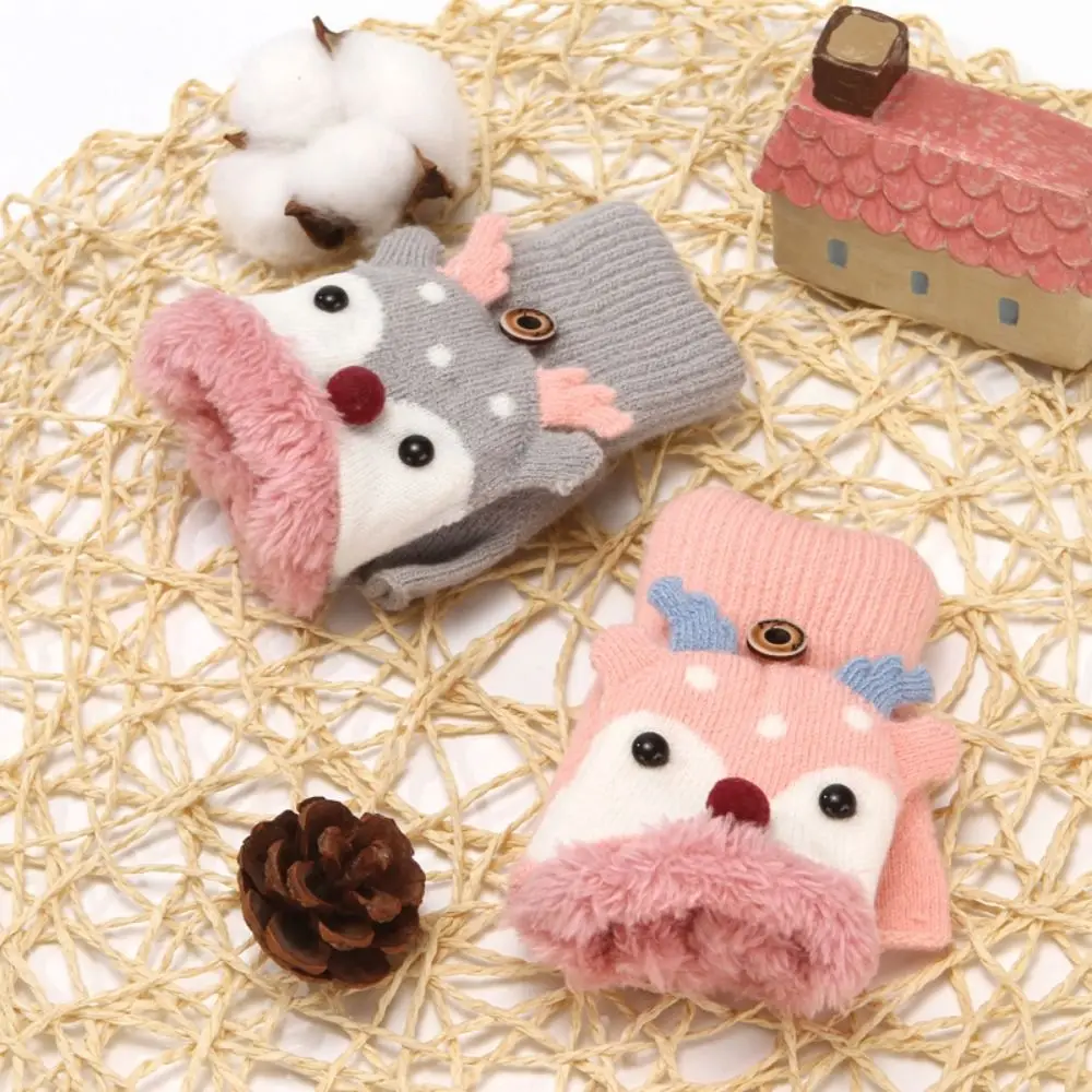 Deer Mittens Knitted Gloves Clamshell Half Finger Gloves  Gloves  Fingerless Gloves Children Christmas Gloves