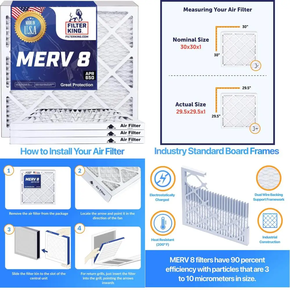 

Воздушные фильтры плиссированные HVAC 18x30x1 MERV 8 12 шт. в упаковке для систем кондиционеров и печей — сделано в США — настоящий размер 17,5x29,5x0,5.