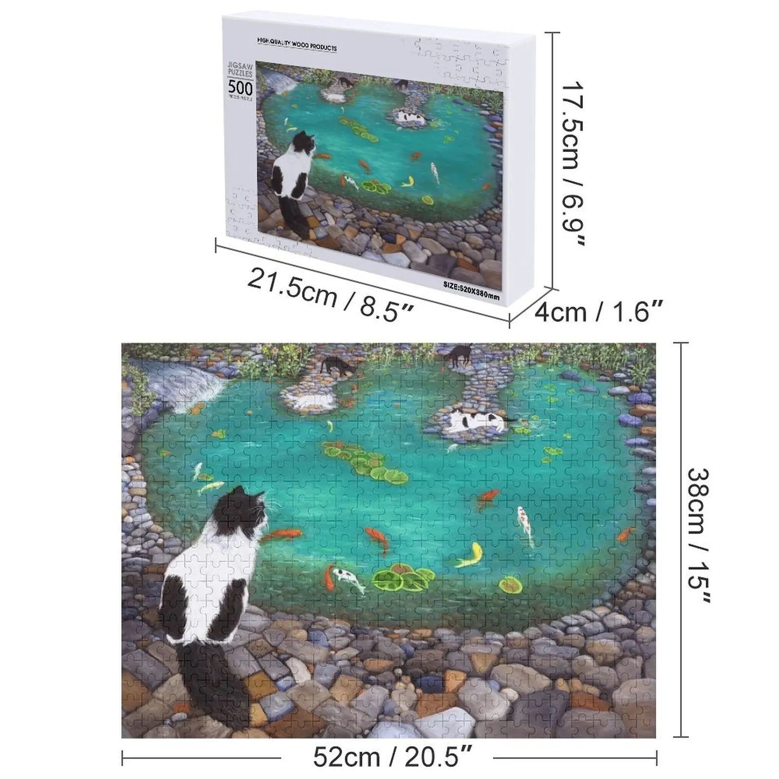 Kot smokingowy obserwujący rodzinę przy stawie z karpiami koi. Puzzle z imieniem dziecka, personalizowane, zabawka dla dziecka, puzzle z własnym imieniem.