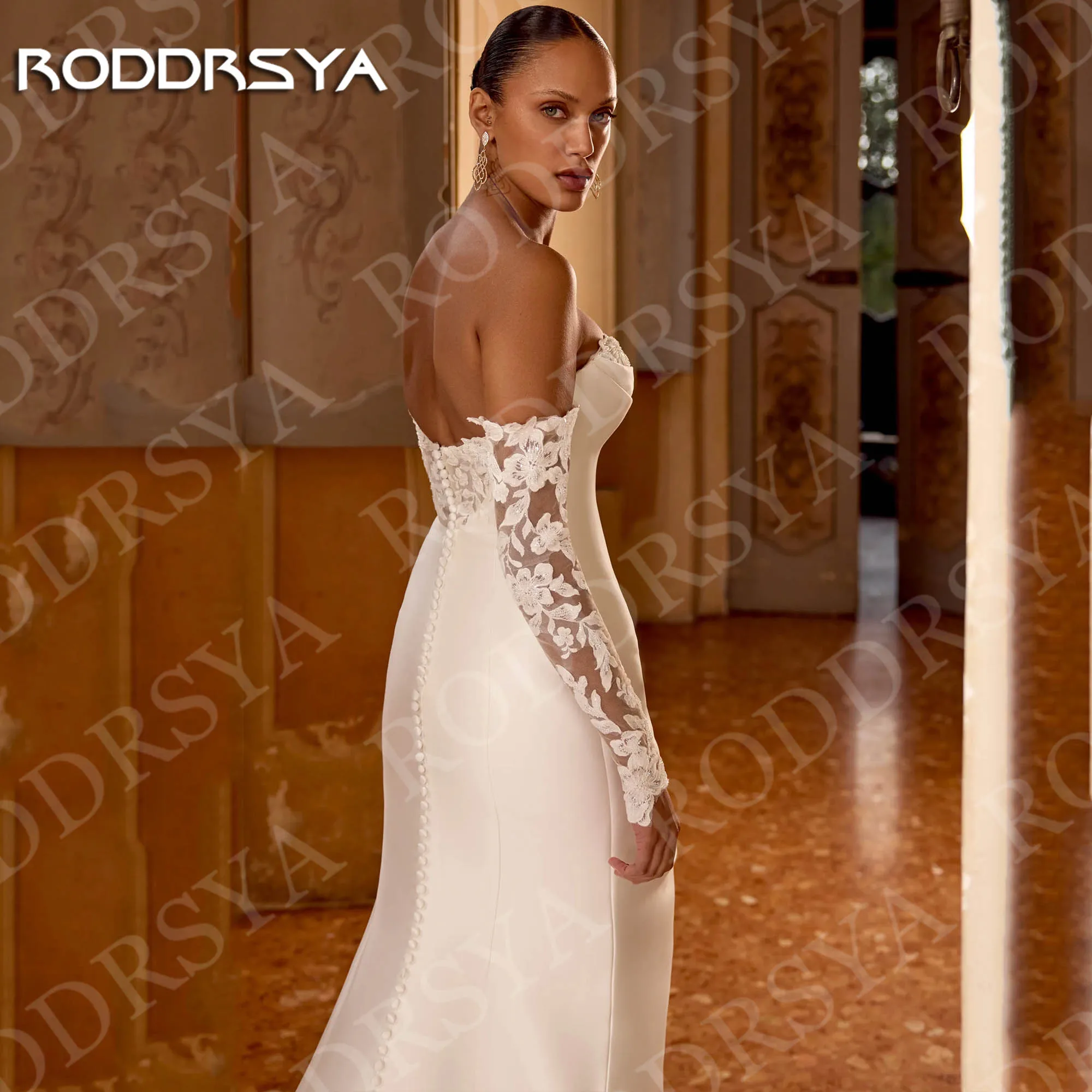 RODDRSYA personnalisé élégant sirène robes de mariée Sexy chérie dentelle manches longues Satin robe de mariée haute fente femme 2026 Personnalisé élégant sirène robes de mariage sexy chérie dentelle manches longues sa