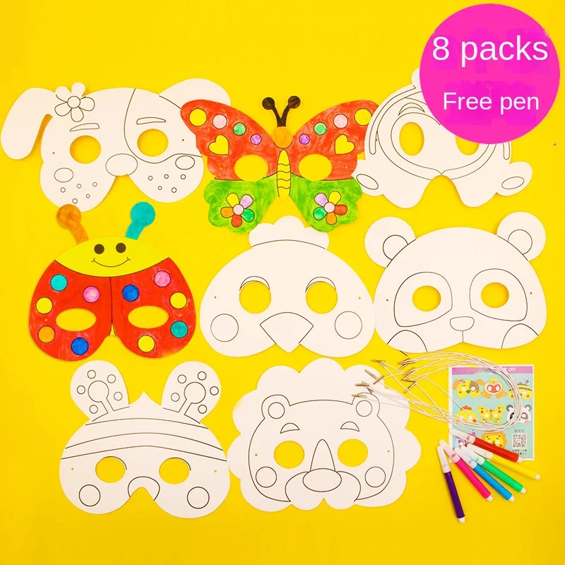 Cartoon Animal DIY Mask Crafts Toy Paper Mask Hand painted Gift White Paper Card Material with Color Pen Creative Color Craft