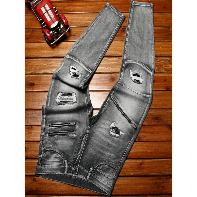 High End Jeansfor Men'S Zipper Hole Patch Straight Tube Fashionable Elastic Motorcycle Slim Fit Biker Gray Washed Denim Pants