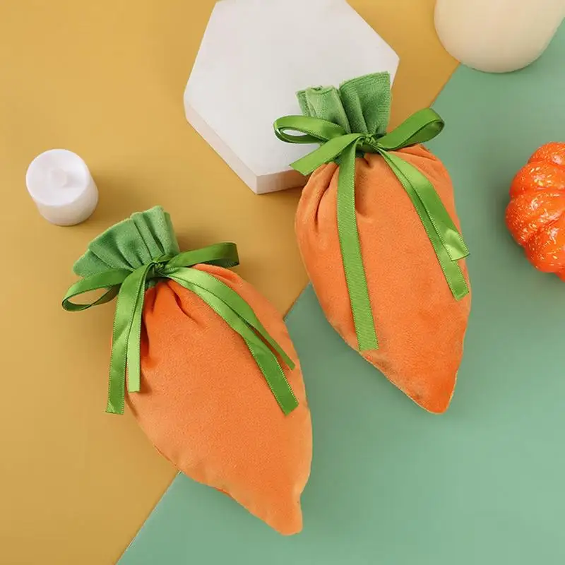 Easter Velvet Gift Bag Carrot Jewelry Basket Candy Bags With Drawstring For Easter Party Decorations Cookie Snack Storage Bag