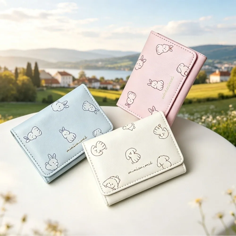 Compact Korean-Style Cartoon Trifold Wallet Cute Pattern Minimalist Card Holder Rabbit Soft Pu Leather Coin Purse Daily Outings