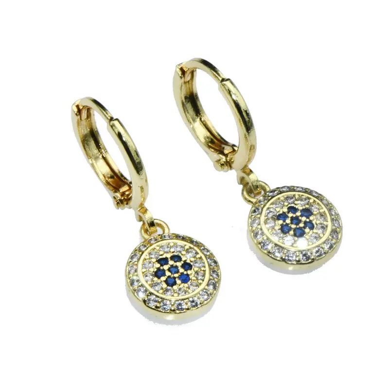 

Gold Plated Copper Blue White CZ Paved Evil Eye Dangle Round Clip On Hoop Earrings for Women