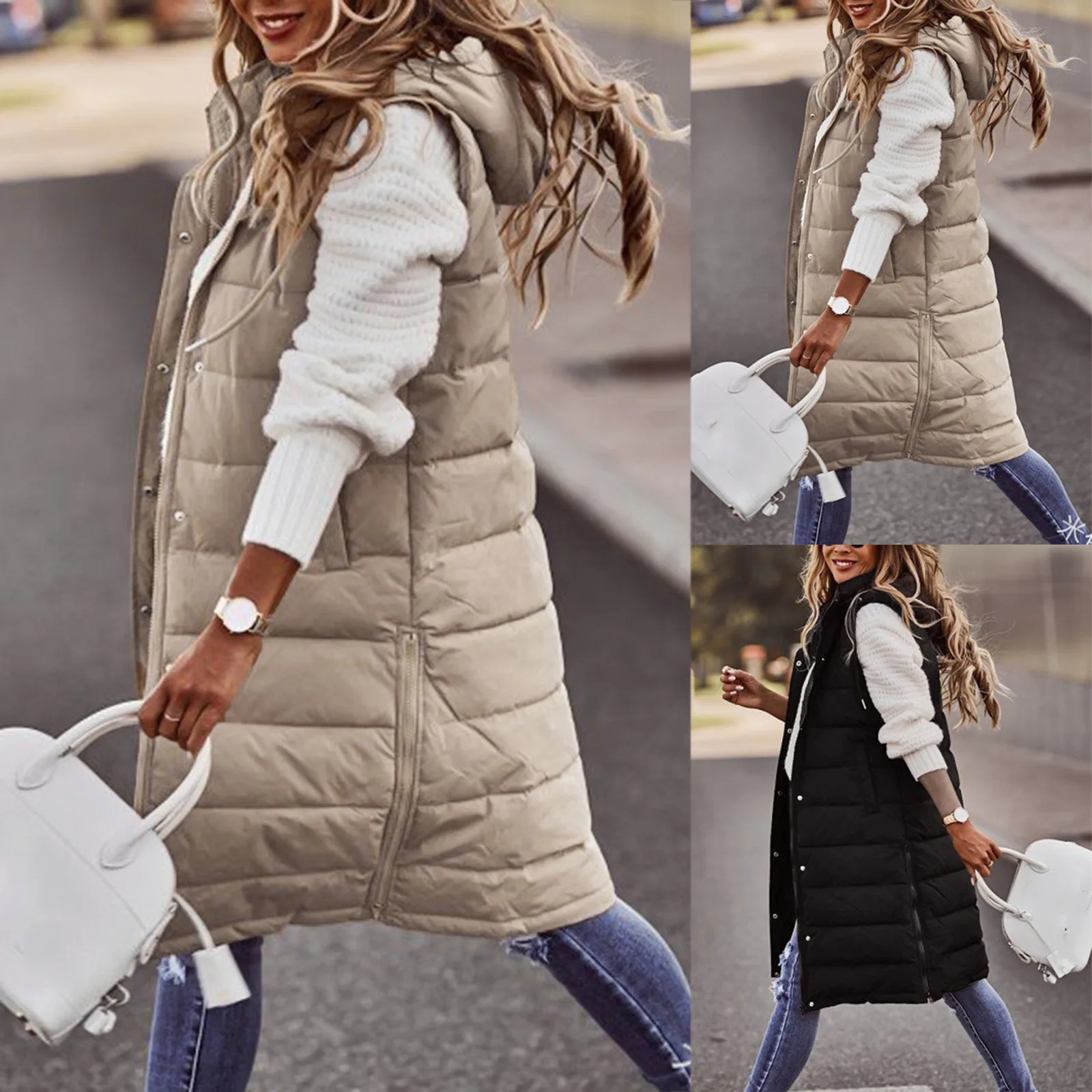 Doudoune longue avec capuche émaillée pour femme, veste en fibre chaude avec poches, gilet d'extérieur, streetwear extérieur, hiver