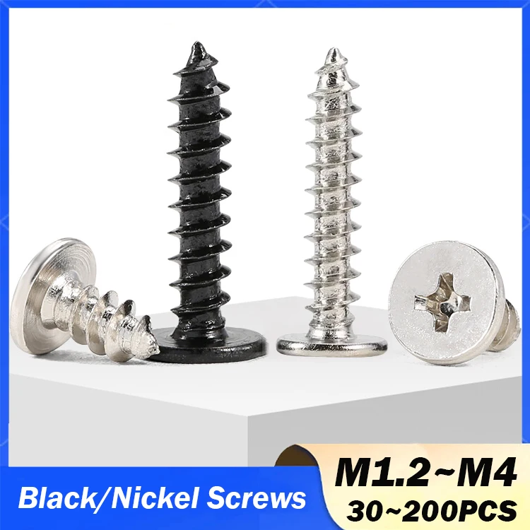30/50/100/200 Uds tornillos autorroscantes para madera Phillips de cabeza plana ultrafina negra/niquelada M1.2 M1.4 M1.7 M2 M2.3 M2.6 M3 M4