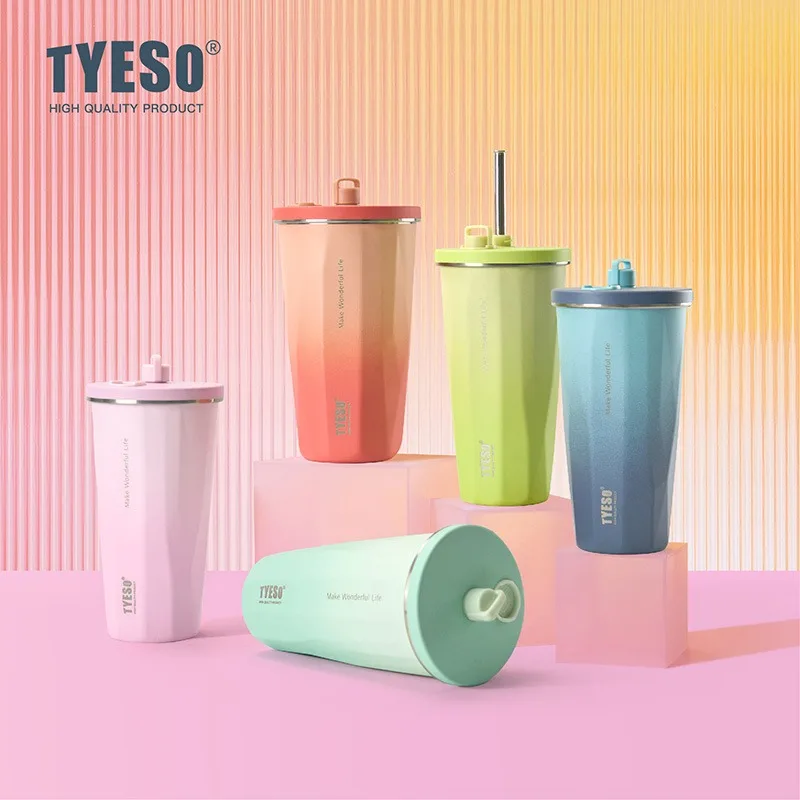 

TYESO 600ml Thermos Water Bottle Stainless Steel Coffee Cup with Straw Gradient Keeps Cold and Heat Insulated Car Thermos Mug