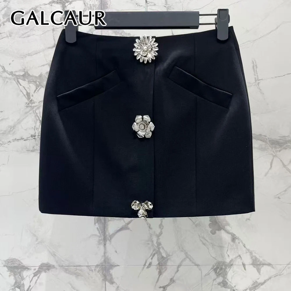 

GALCAUR Black Spliced 3D Flower Button Chic Skirt Female High Waist Slimming Temperament Women's Skirts Autumn Fashion New Style