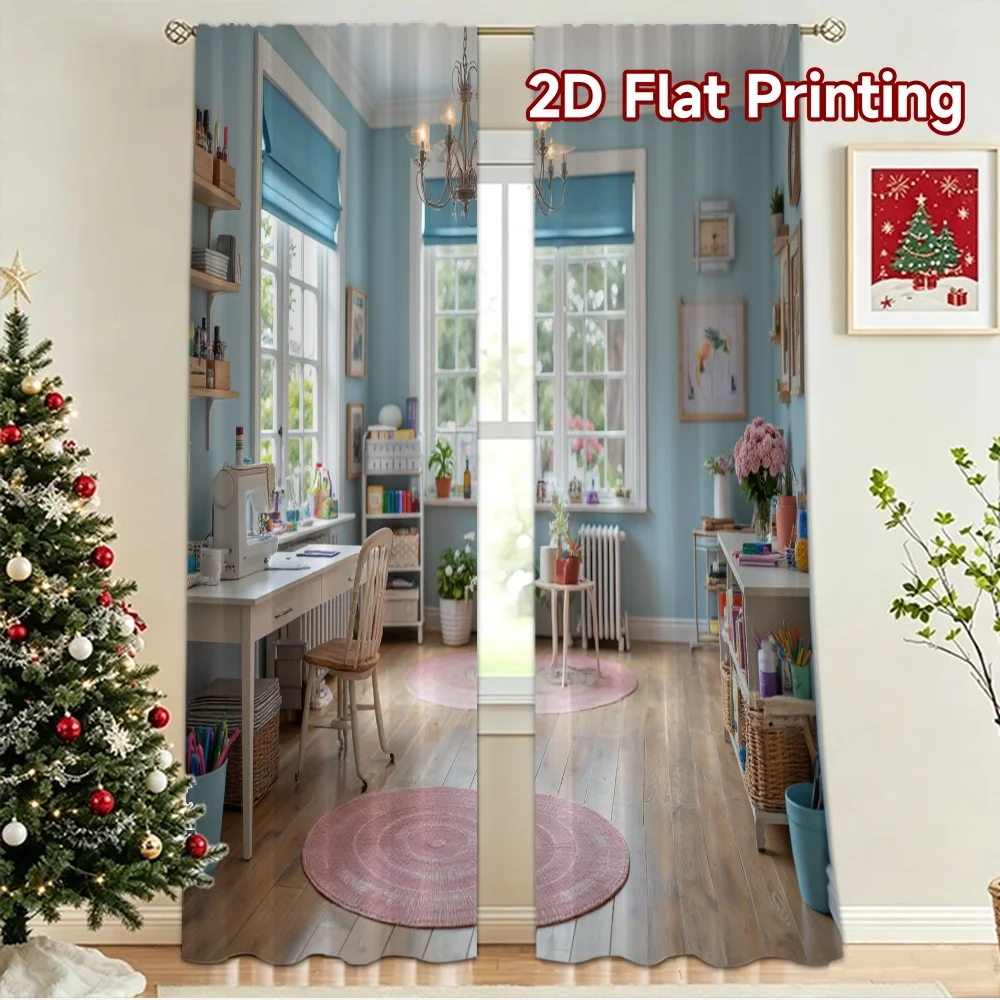 2D flat 2pcs Curtain Vintage drapes and curtains Pastel Blue Craft Room Durable polyester fiber Birthday Party Perfect for Home