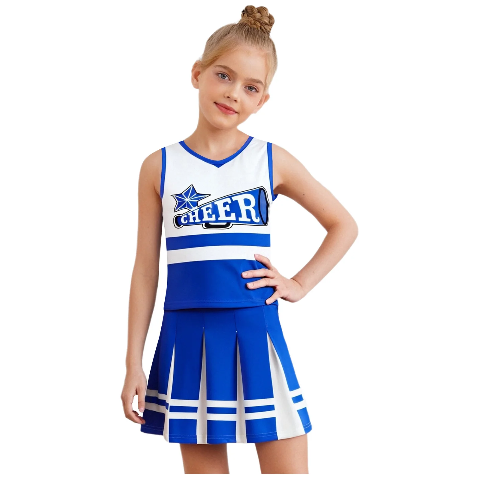 

Kids Girls Cheer Leader Costume Cheerleading Dance Outfit Print Round Neck Sleeveless Top+Pleated Skirt for School Sports Party