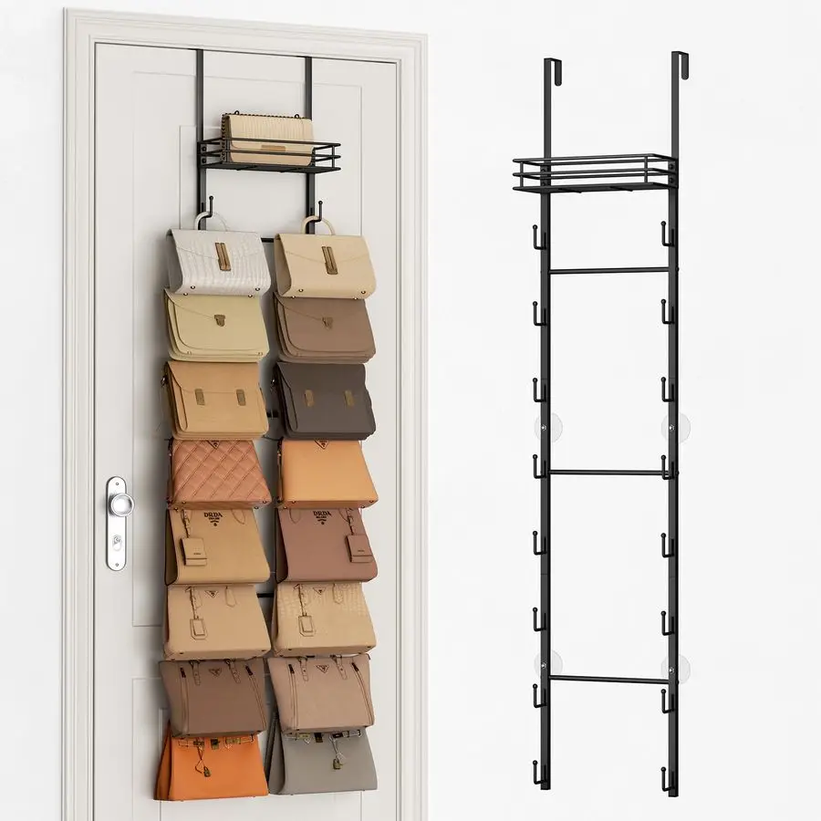 

Настенный органайзер для сумок над дверью с 16 крючками и металлической корзиной, подвесная полка для хранения сумок, выдерживает до 16 сумок
