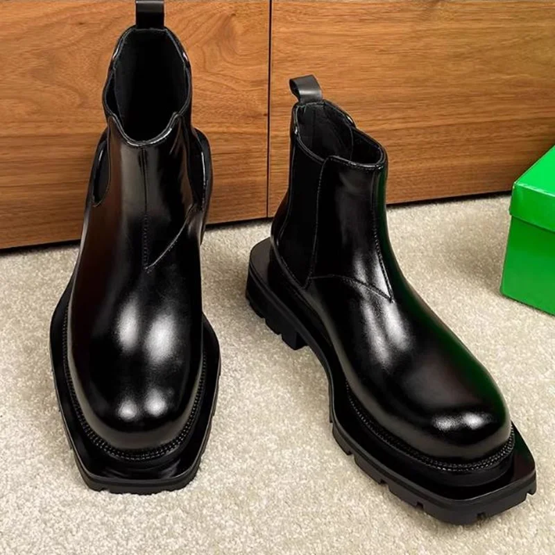 New Design Calfskin Men's Chelsea Boots British Men Boots Thick Soled Height-increasing 6cm Ankle Boots Winter Outdoor Shoes