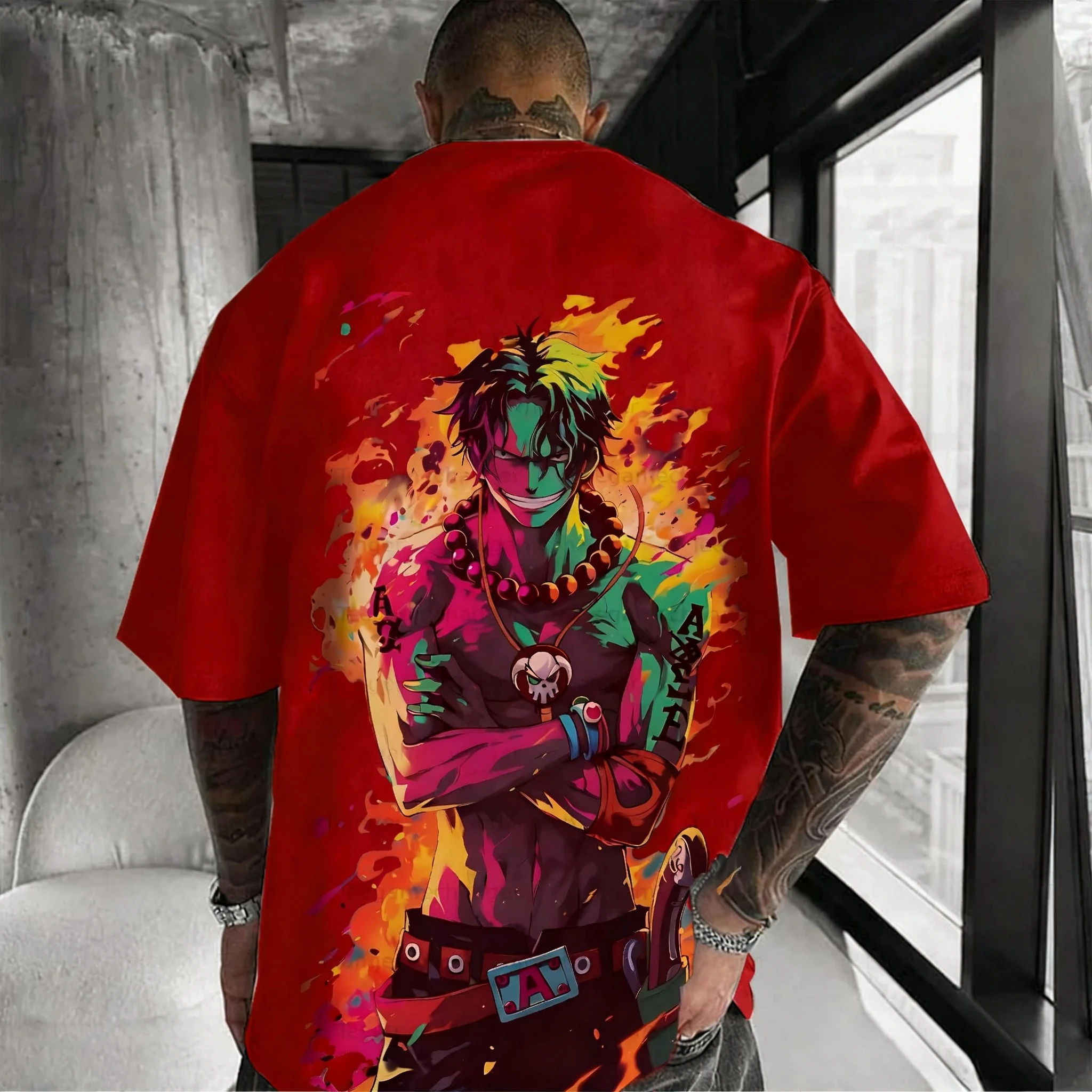 ONE PIECE Anime Ace T-shirt stampata a colori 2025 Estate da uomo Nuovo giapponese Harajuku Trendy Versatile Allentato Casual Top a maniche corte