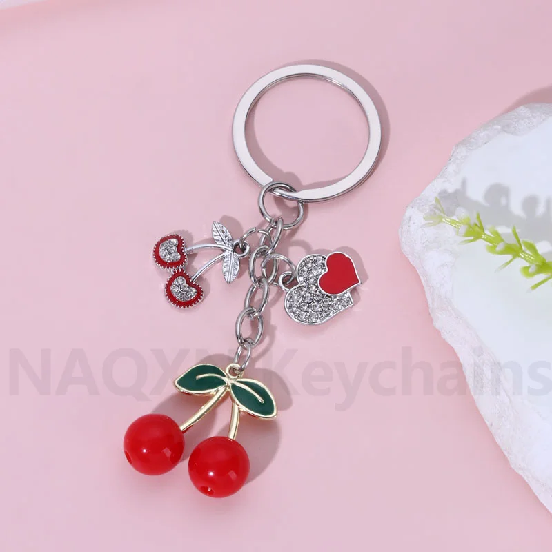 Pretty Cherry Keychain Romantic Love Heart Fruit Key Ring For Women Girl Friendship Gift Bag Decoration Handmade Jewelry Set