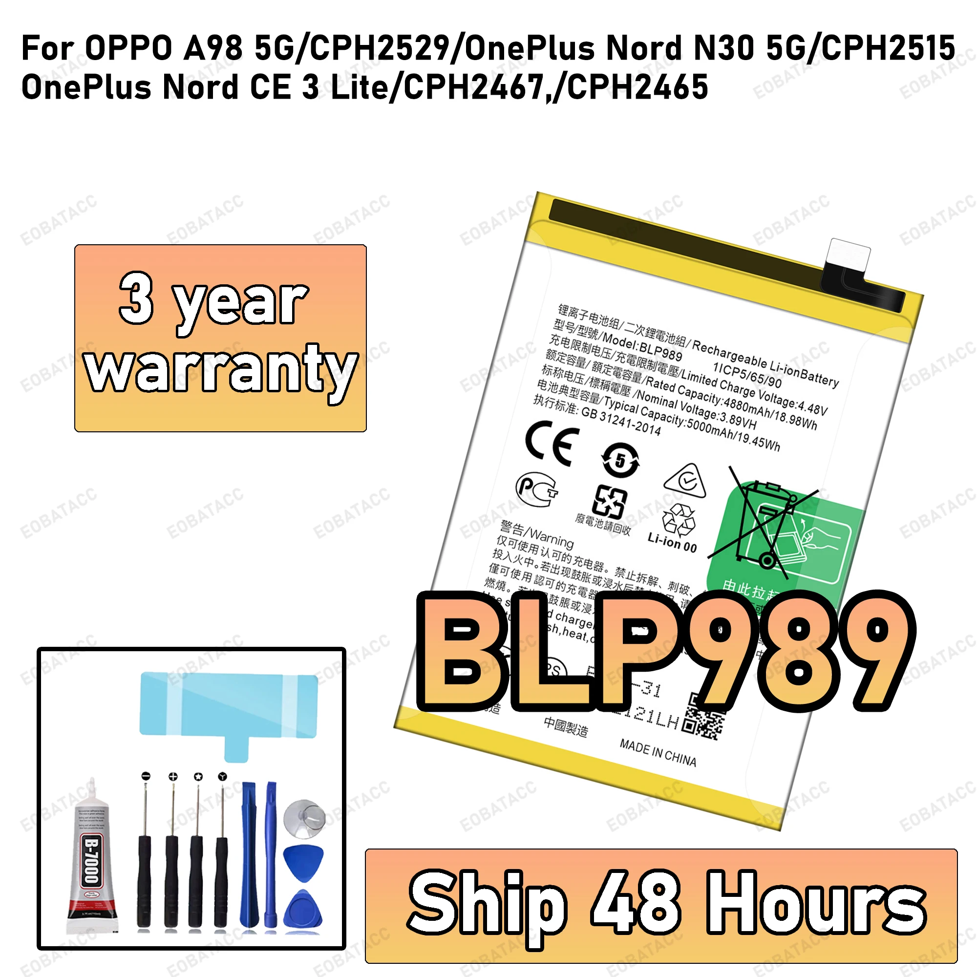 100% New High Quality BLP989 Replacement Battery For Oneplus Nord CE 3 Lite 5G 4880mAh/5000mAh Mobile Phone Battery+Free Tools