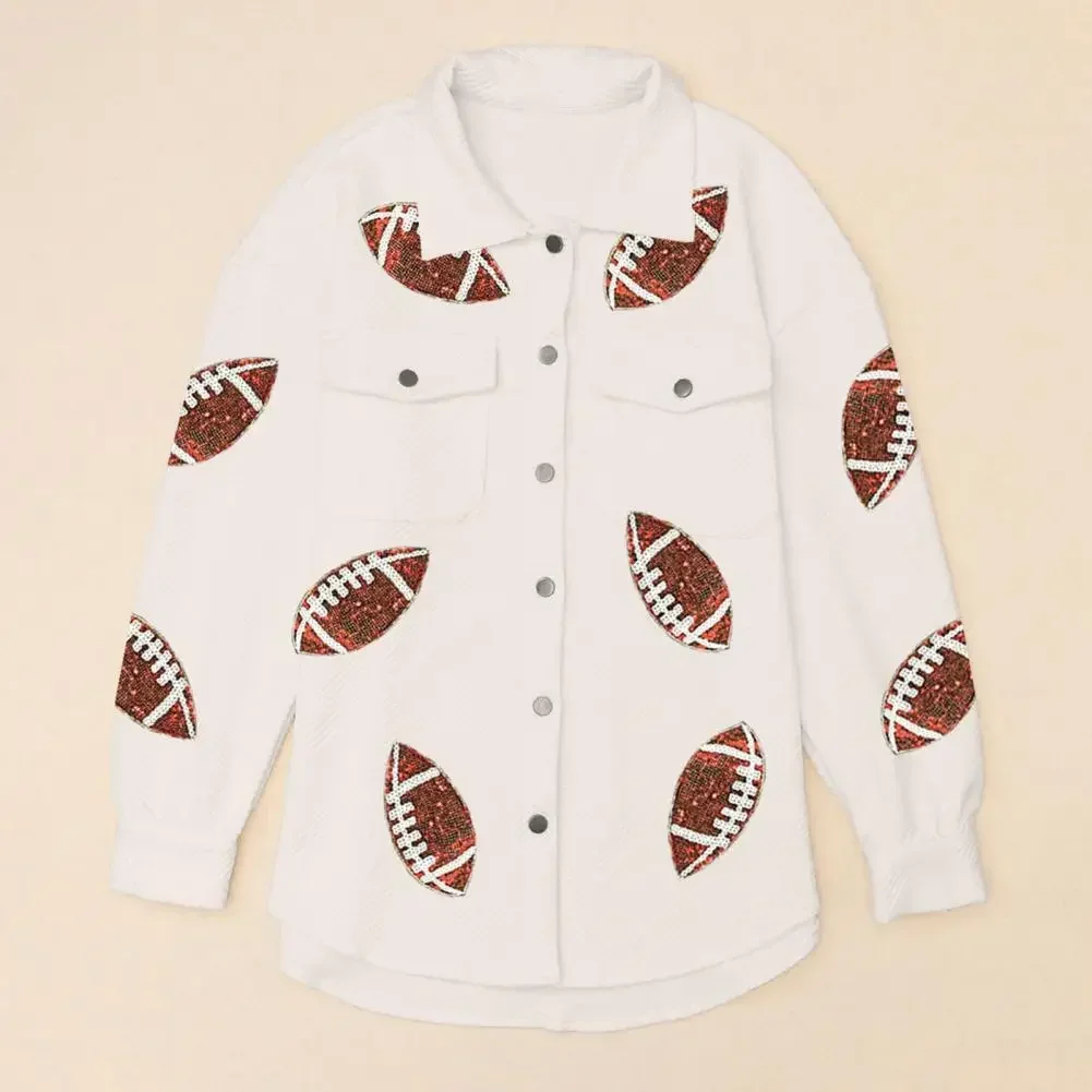 Spring New Tops Sequin Rugby Ball Pattern Women Coat Turn-down Collar Patch Pockets Mid Length Casual Female Jacket