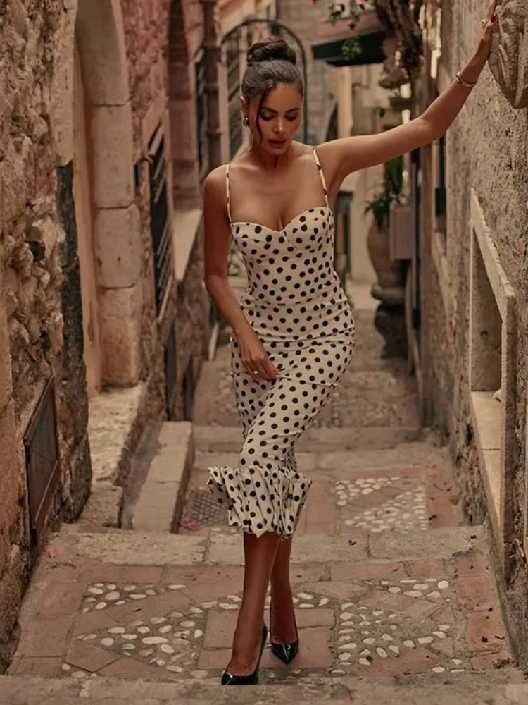 

Женское повседневное ретро-платье без рукавов в горошек, на бретельках, с открытой спиной, с открытыми плечами, с оборками по низу, облегающее, миди, 2026, для отдыха, Vestido