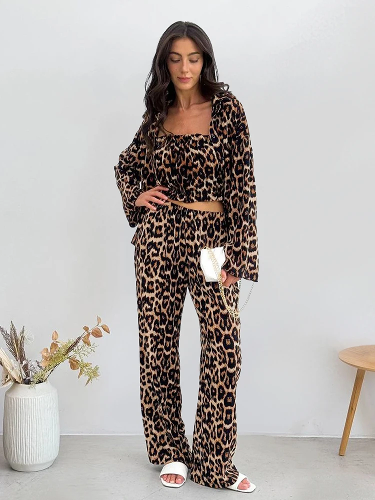 HiLoc Autumn Leopard Print Trousers Pajamas Sets 3 Pieces Fashion Long Sleeve Loose Shirts Sexy Crop Tops Women Long Pants Suits