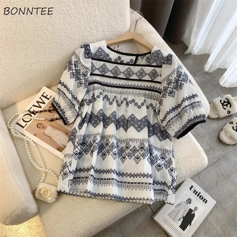 

Short-sleeved Blouse Women Square Collar Loose Fit Casual Korean Fashion Popular Streewear Cozy Summer All-match Students Mujer