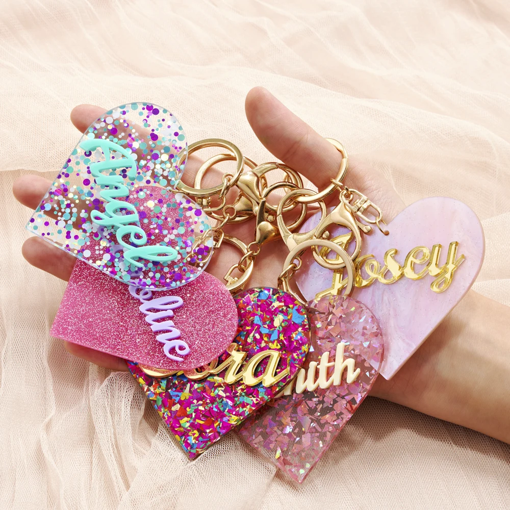 1PC Custom PMMA Keychain - Personalized Heart-Shaped Sparkly Accessory | Laser Engraved Daily Use Gift for Teens