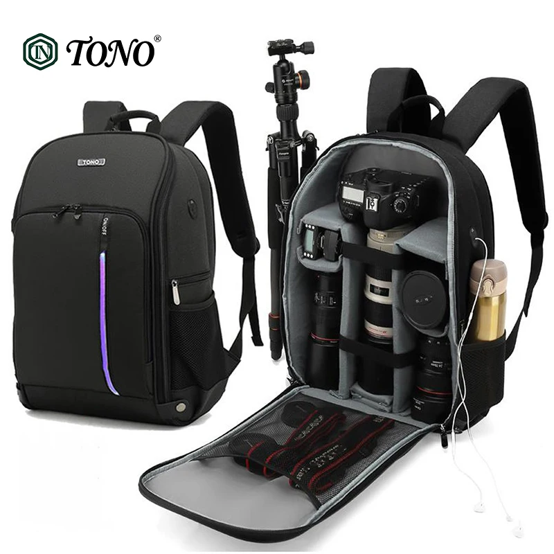 Multifunctional Camera Bag Backpack Waterproof Shockproof LED Light with Tripod Strap & Rain Cover for Canon Sony DSLR Drone