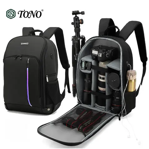 Multifunctional Camera Bag Backpack Waterproof Shockproof LED Light with Tripod Strap & Rain Cover for Canon Sony DSLR Drone