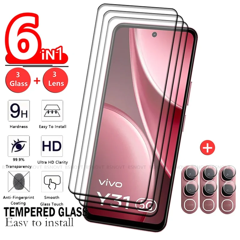 

Защитное стекло 6-в-1 для Vivo Y31 5G, закаленное стекло с полным покрытием, клейкое, HD, 9H, для экрана и объектива Vivo Y31 5G