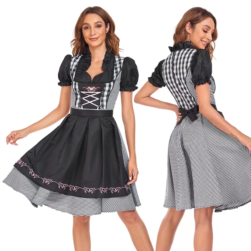 

Women's Bavaria Oktoberfest Dress Women Black Plaid Dirndl Dress German Bavarian Traditional Beer Wench Maid Cosplay Dresses