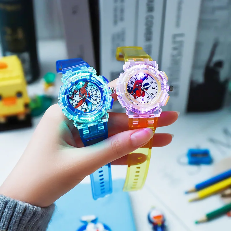 Disney Childrens Watches Anime Characters Spider Man LED Luminous Waterproof Electronic Frozen Watch Birthday Gift Toys