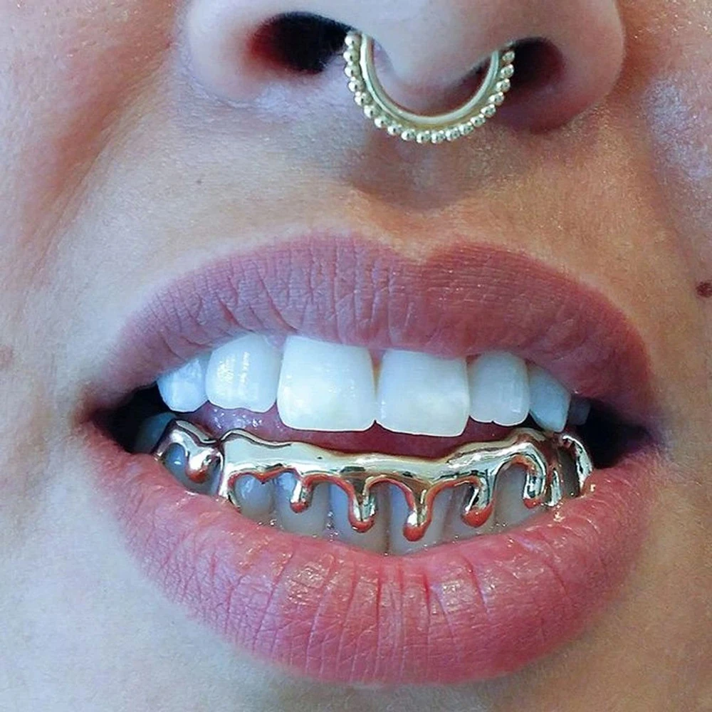 

UWIN New Custom Fashion Jewelry Fit Gold Color Hip Hop Grills Teeth Drip Caps Lower Top & Bottom Grill Silver Color For Rapper