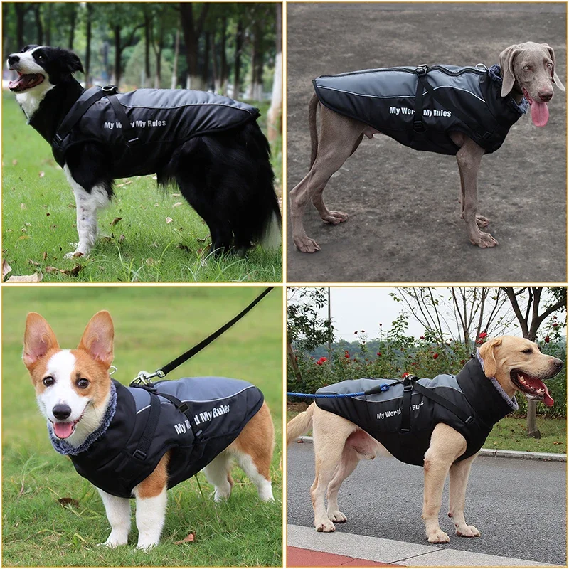 Waterproof Large Dog Clothes Winter Dog Coat With Harness Furry Collar Warm Pet Clothing Big Dog Jacket Labrador Bulldog Costume