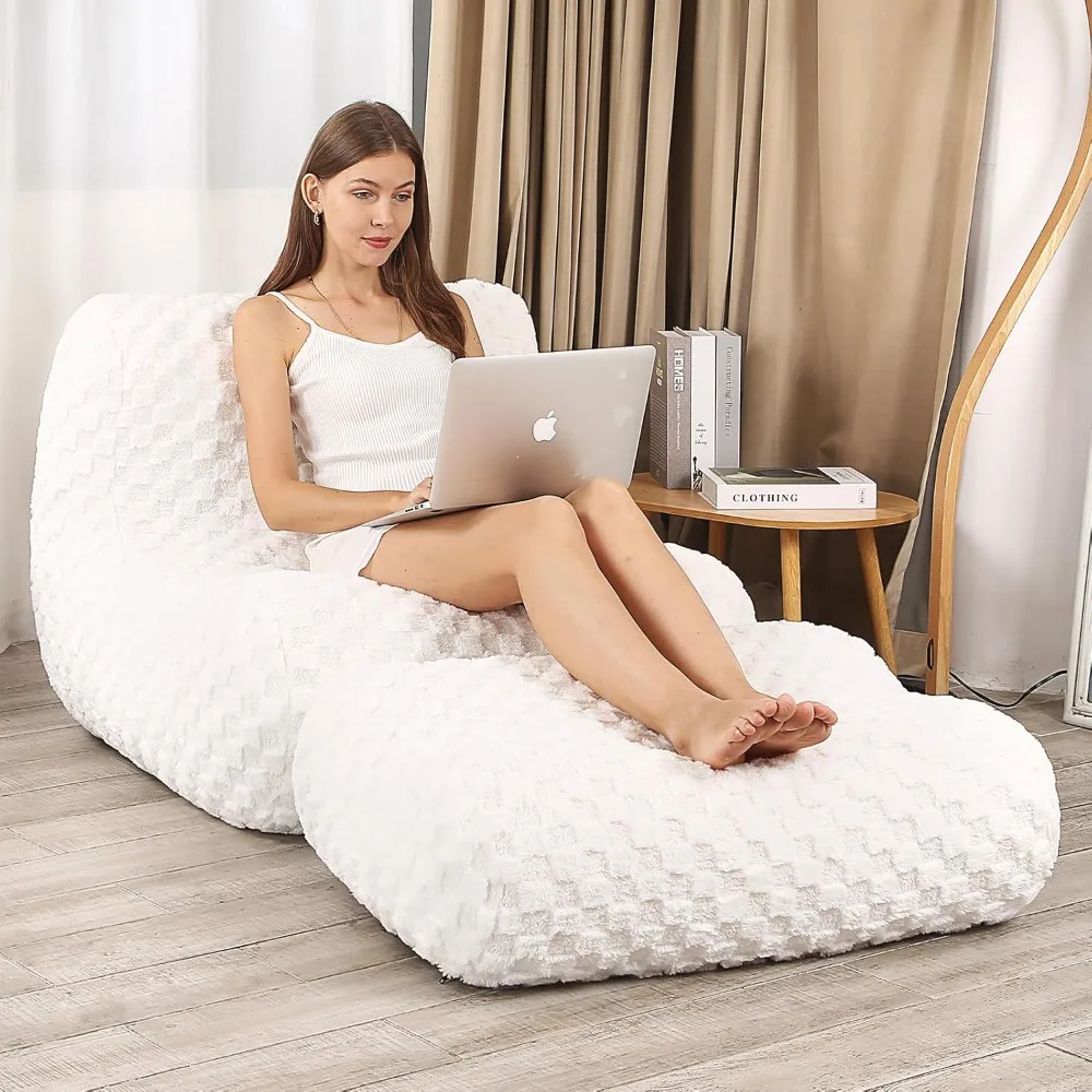 

Bean Bag Chair with Footstool, Comfy Reading Sofa Chair for Adults, Modern Floor Sofa for Livingroom, Bedroom, Cream