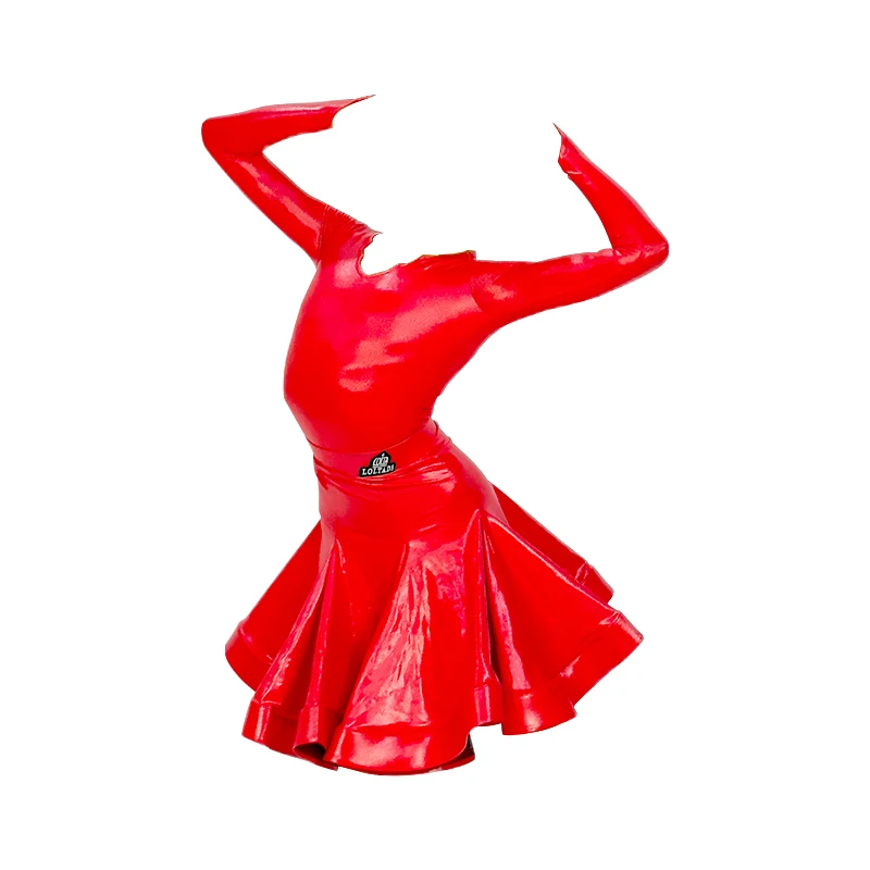 Helles Leder Langarm Latin Dance Kleid Kinder Ballroom Dance Performance Kleidung Mädchen Party Kleider