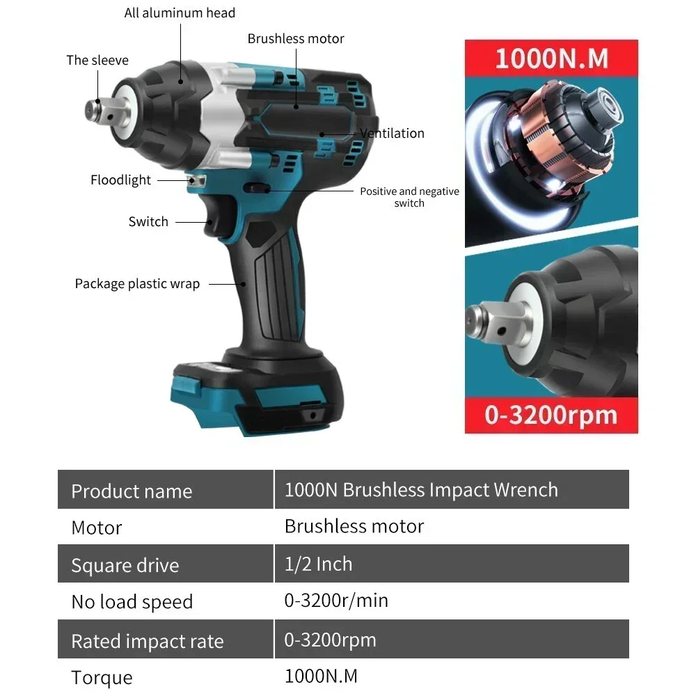 1000N.M Brushless Electric Impact Wrench 1/2