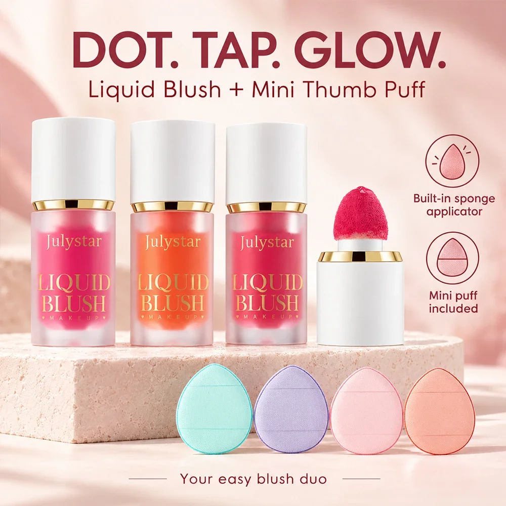 3 Colors Liquid Blush Set with Mini Thumb Puff, Sponge Tip Cheek Tint, Blendable Natural Flush Face Makeup for Women