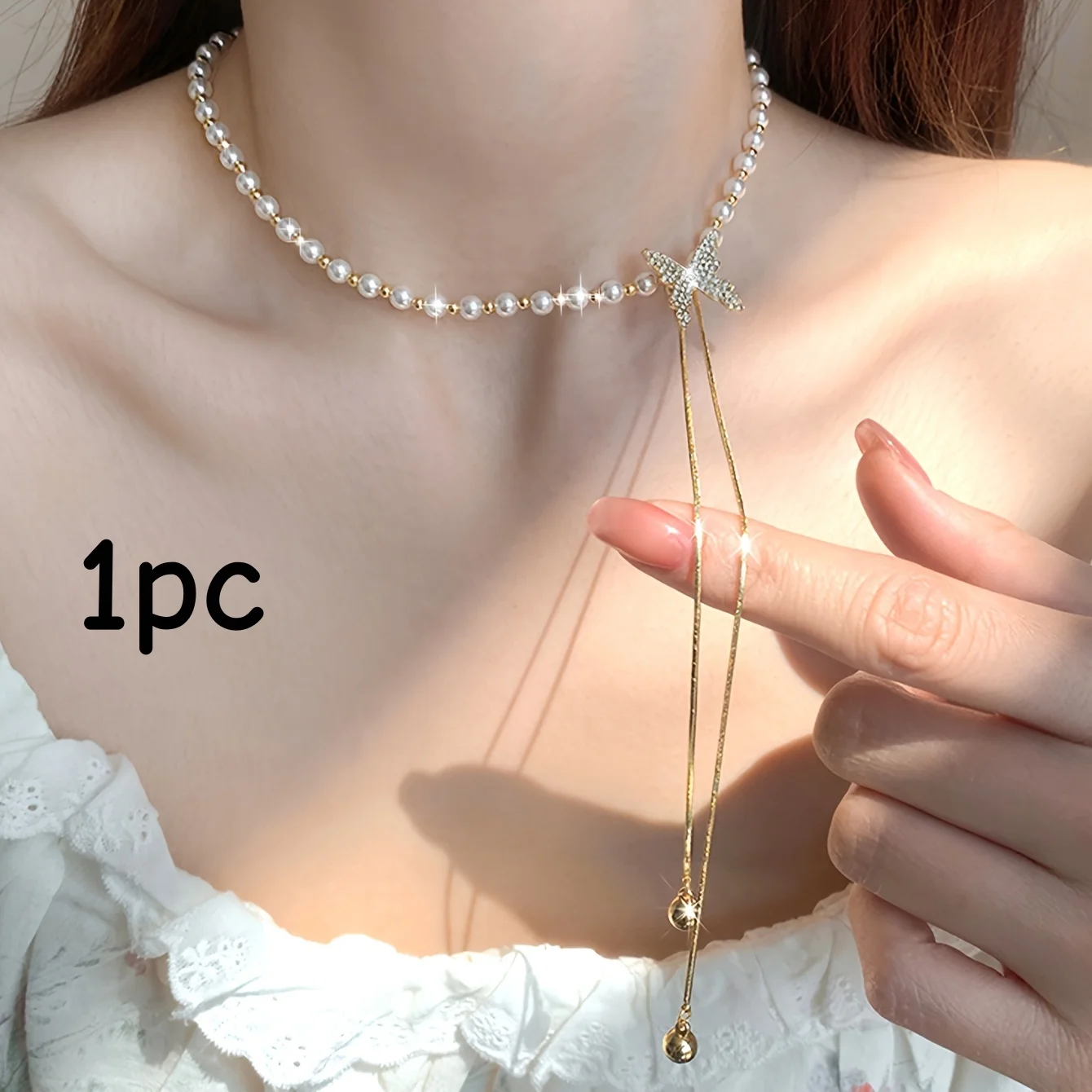 

1pc Women's Adjustable Golden-Tone Butterfly Pendant Necklace with Beads - Vintage Minimalist Jewelry for Weddings & Casual Atti