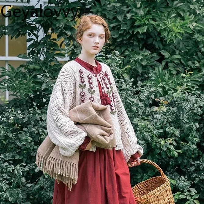 

Japanese Style Handmade Crochet 3D Flower Pattern Sweet Girl Hollow Short Knitted Sweater Versatile Long Sleeve Women's Cardigan