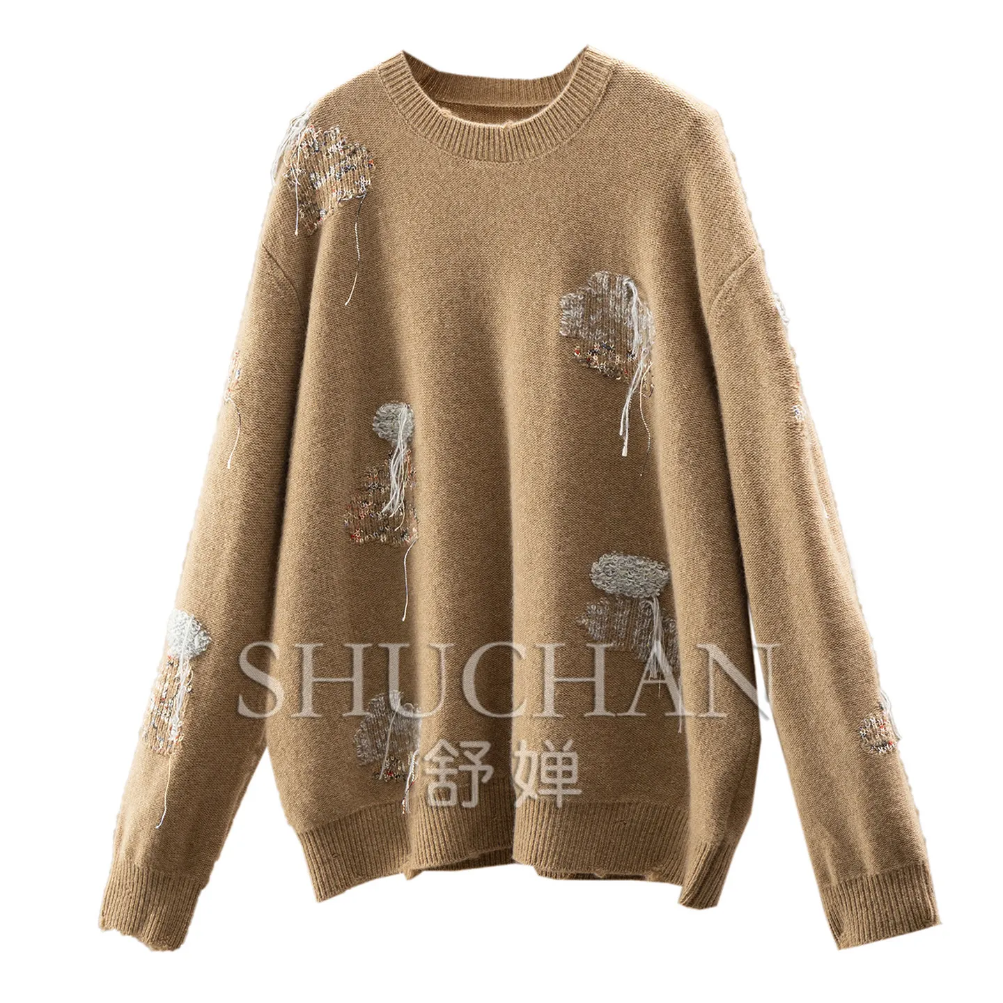 Tassel Jacquard 100% Cashmere Crew Neck Long Sleeve Sweater Women 360g Pullover Winter 72W6