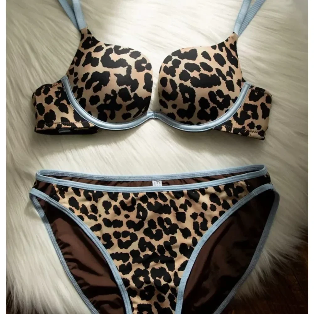 Ensemble Soutien-Gorge Imprimé Léopard Vintage Femme Été Fin Style Français Push Up Maintien Anti-Affaissement Lingerie 32-38