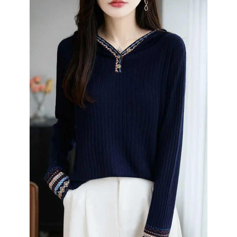 

Hooded Retro Jacquard Knitted Women's Autumn and Winter New Loose Slimming Bottoming Long-sleeved Top