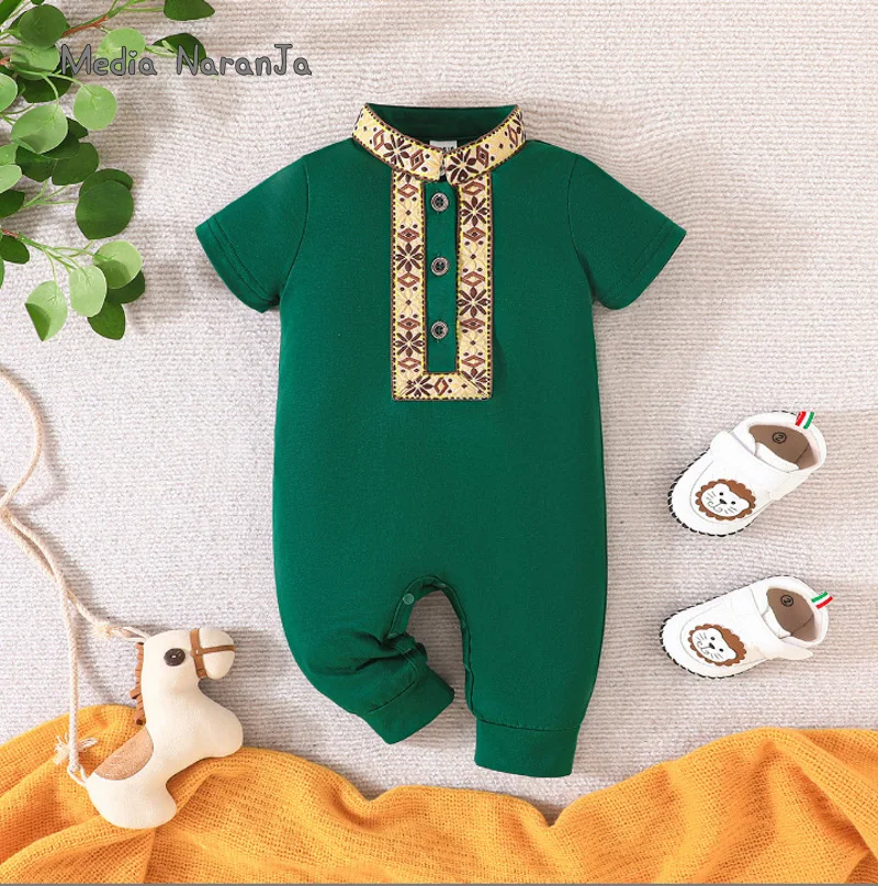 Baby boy arabic style clothes 3 colors black green white printed short sleeved rompers holiday Ramadan jumpsuits photo props