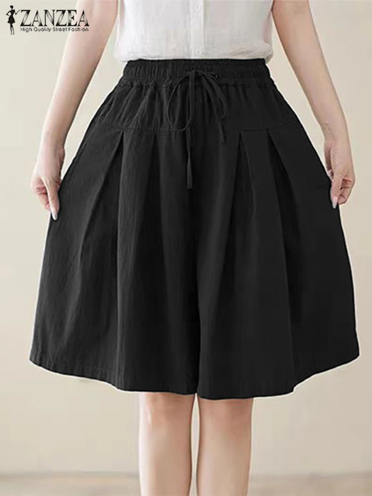 Summer Shorts Women Casual Loose Pleated Wide Leg Pants ZANZEA Solid Color Korean Short Trousers 2025 Lace-Up Bottoms Femininas