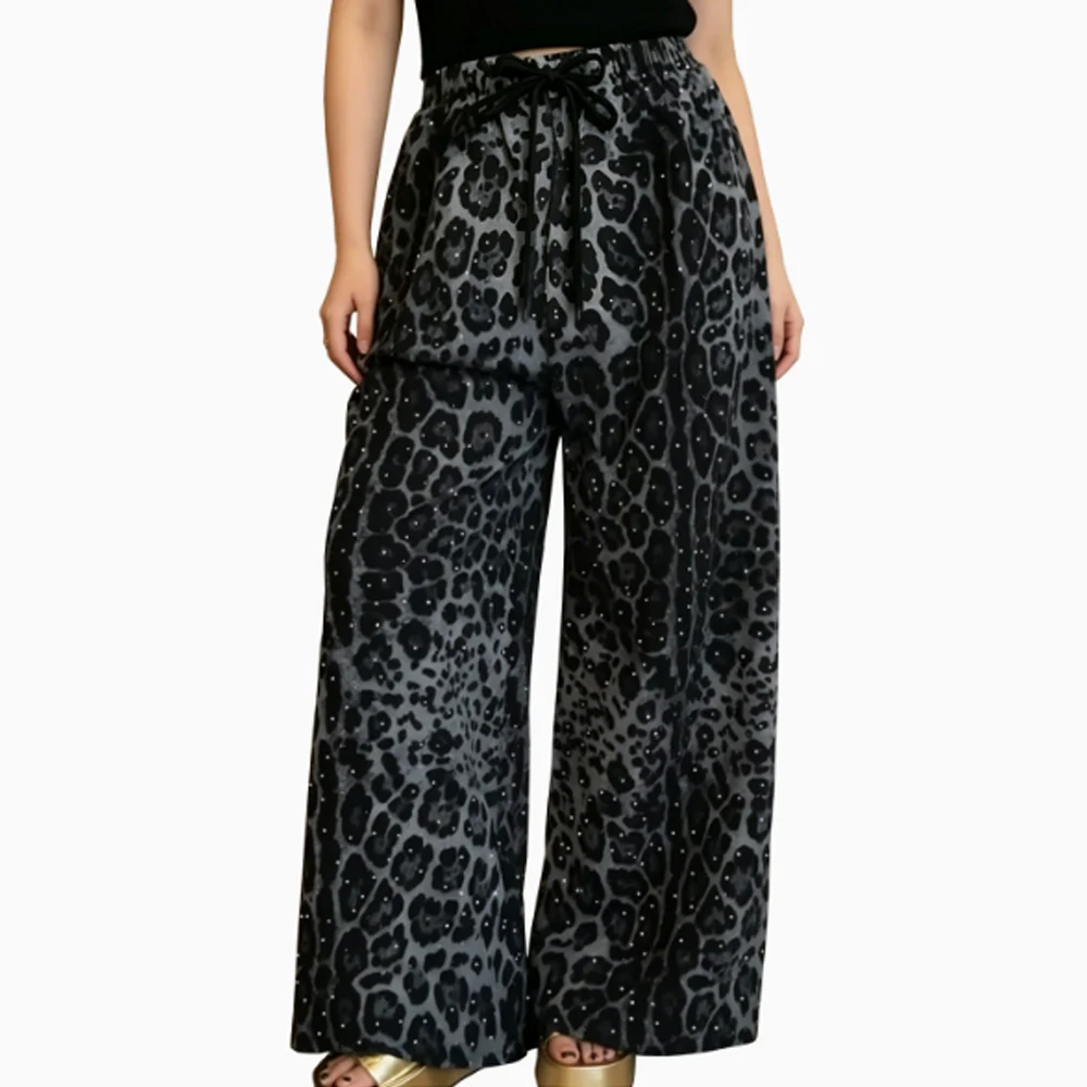 Leopard Print Rhinestone Drawstring Wide Leg Loose Casual Long Pants