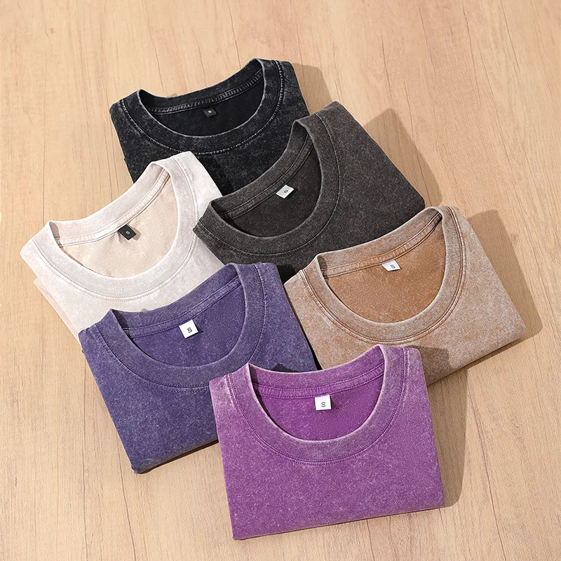 

Cross-Border Ready Stock 230g Washed Distressed Oversized Round Neck Drop Shoulder Short Sleeve TShirt with Batik Print -Eur