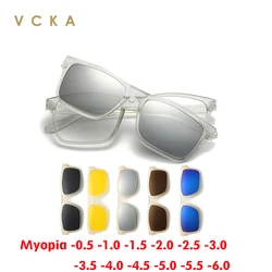 VCKA Transparent Square Frame Women Myopia Sunglasses 6 In 1 Magnetic Clip Glasses Men Polarized Prescription Eyeglass -0.5~-6.0