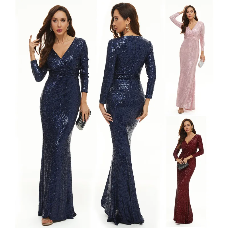 Long-sleeved V-neck sequined fishtail  host banquet evening dresslong dress for women bridesmaid dress toasting dress